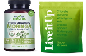 On the left: A bottle of Why Not Natural brand "Pure Organic Moringa." On the right: A pouch of Live it Up brand "Super Greens."