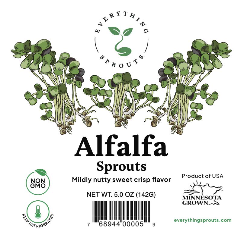 Image of label, Everything Sprouts Alfalfa Sprouts NET WT 5.0 OZ, UPC 768944000059
