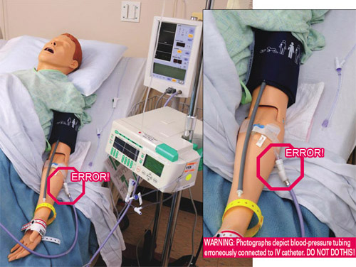 Blood pressure tubing erroneously connected to IV catheter on mannequin arm.