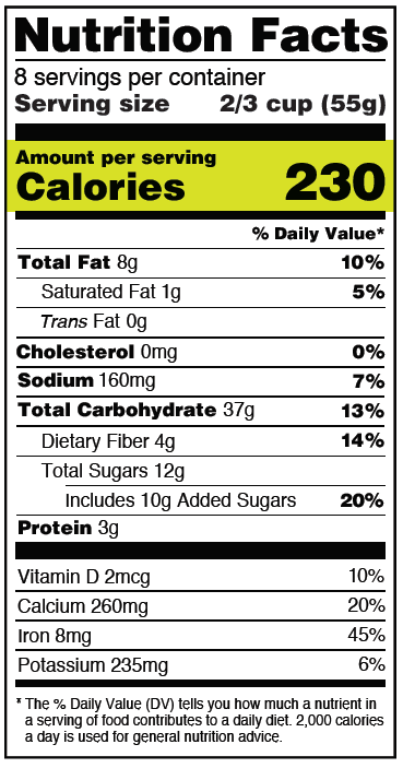 Nutritional facts label with number of calories per serving highlighted.