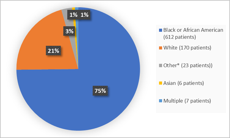 (Alt-Tag: Pie chart summarizing the percentage of patients by race enrolled in the clinical trial. In total, 170 White (75%), 6 Asian (21%) and 612 Black or African American  (75%) and 23 Other (3%)).
