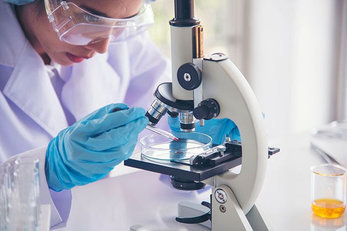 woman biotechnologist using microscope