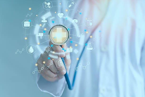  Female doctor with stethoscope touching digital world map hologram in hospital lobby, symbolizing medical innovation, global healthcare data, smart technology, and future medicine concepts