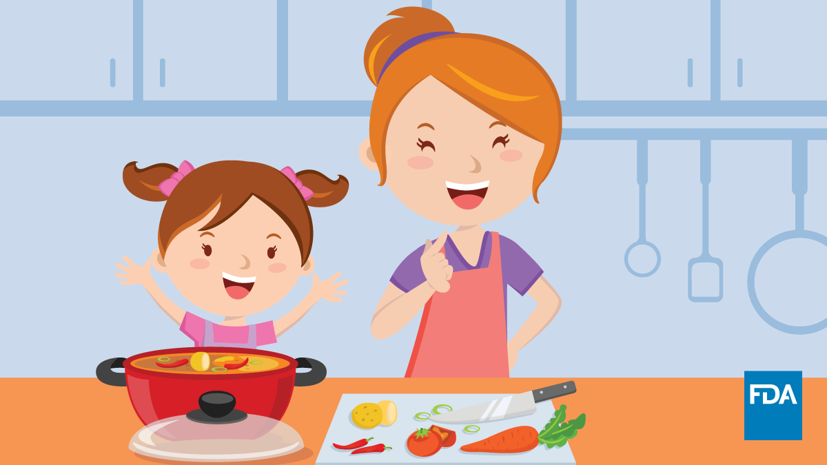 An illustration of a woman and child cooking