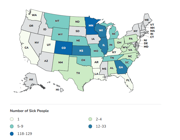 CDC Case Count Map - Outbreak Investigation of Salmonella Related to Jalapeño (August 19, 2026)