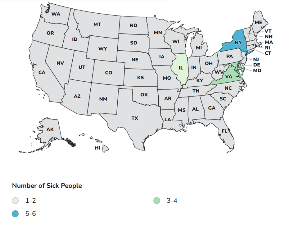 A map of the United States showing the number of sick people by state. Most states are shaded gray, indicating no reported cases. New York and Virginia, Maryland are shaded in green, indicating sick people in those states.