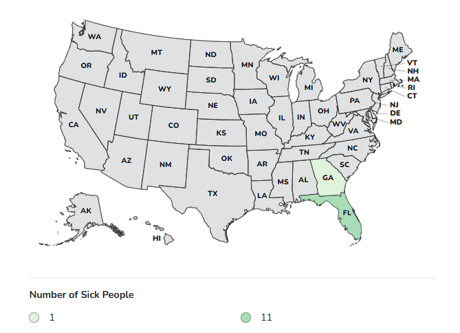A choropleth map of the United States showing the number of sick people by state. A legend indicates that a light green color represents 1 sick person and a darker green represents 11 sick people. Florida is shaded in darker green, indicating 11 sick people. Georgia is shaded in light green, indicating 1 sick person. All other states are shaded in gray, indicating no reported cases.
