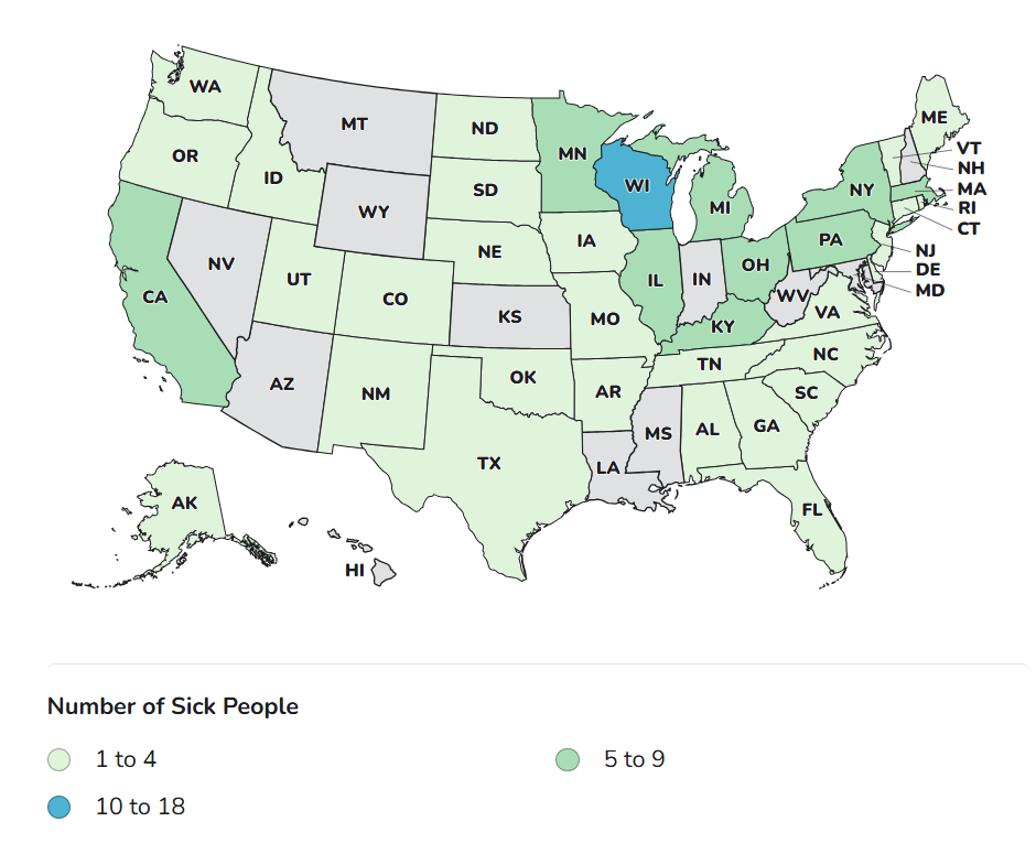 CDC case count map with cases in Alabama, California, Connecticut, Delaware, Iowa, Illinois, Kentucky, Massachusetts, Maine, Michigan, Minnesota, Missouri, North Carolina, North Dakota, Nebraska, New Jersey, New York, Ohio, Oklahoma, Pennsylvania, South Carolina, Tennessee, Texas, Utah, Virginia, Vermont, Washington, Wisconsin