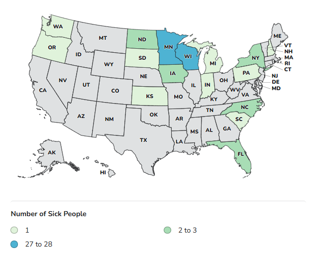 CDD case count map. States with Cases: FL, IN, IA, KS, MI, MN, NH, NY, NC, ND, OR, PA, SC, SD, WA, and WI