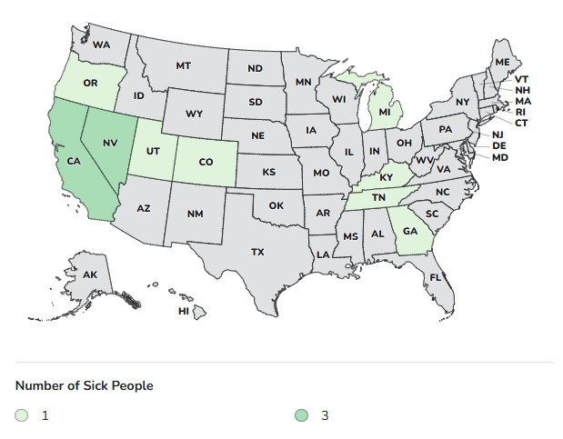 CDC Case Map for Outbreak Investigation of E. coli O26:H11 Related to Raw Cheese (September 25, 2026)