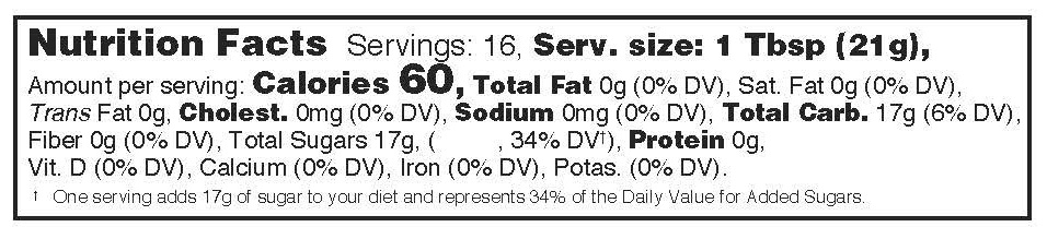 Example of what the Nutrition Facts label linear display for small packages may look like on a container of honey.