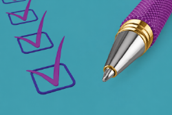 image of a pen and checked boxes over a blue background