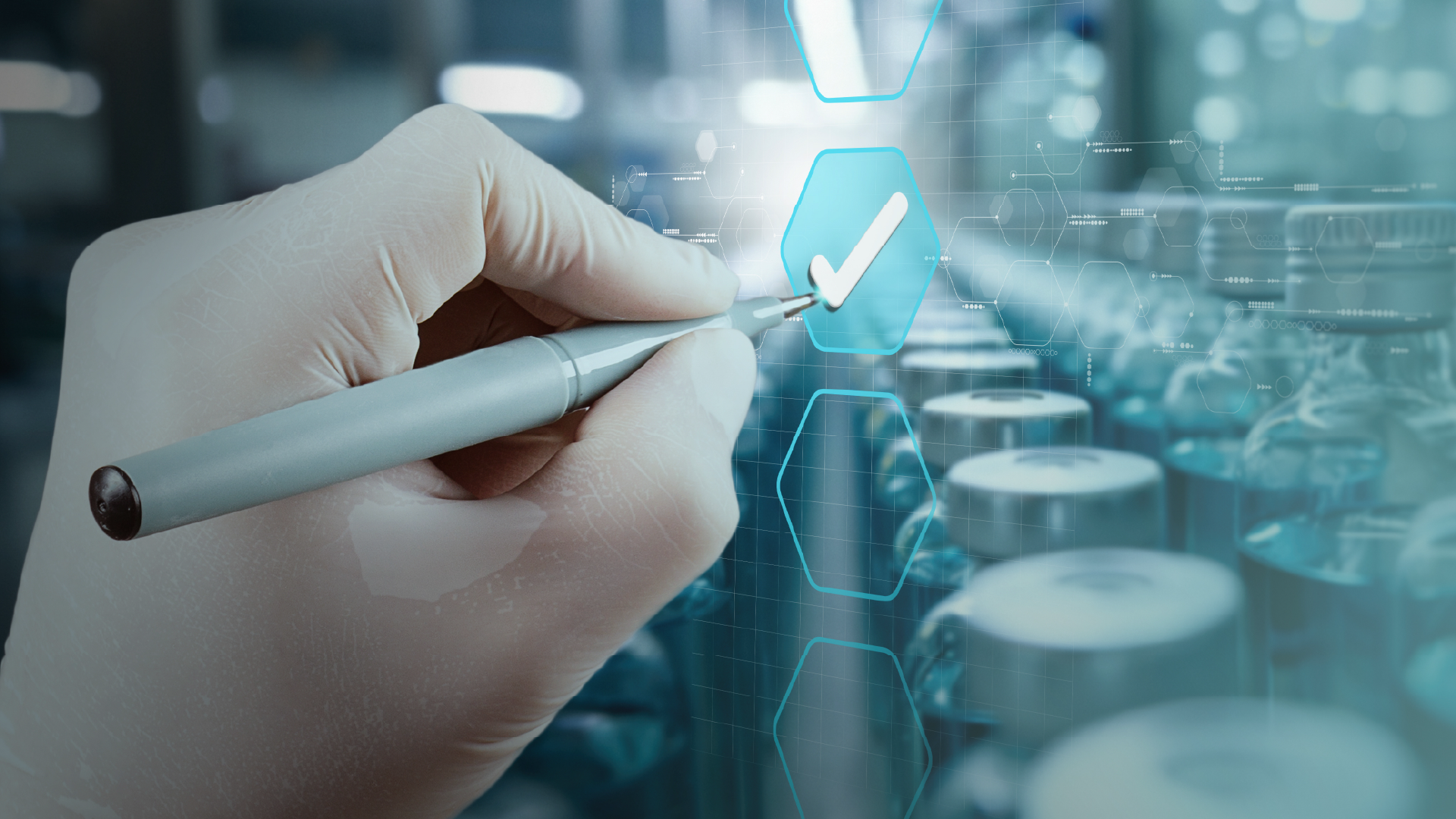 A conceptual image depicting quality control: a hand in a white glove uses a stylus to place a checkmark in a hexagonal box on a futuristic digital interface. The background shows blurred rows of medical vials in a laboratory or manufacturing setting.