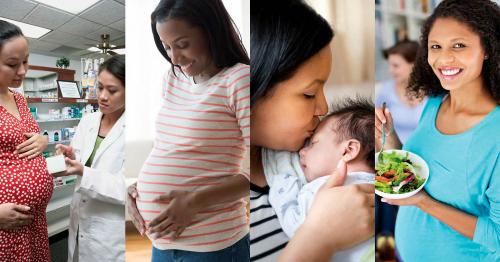 collage of images: pregnant woman with a health professional, pregnant woman holding her belly, woman kissing her baby, pregnant woman eating a healthy meal