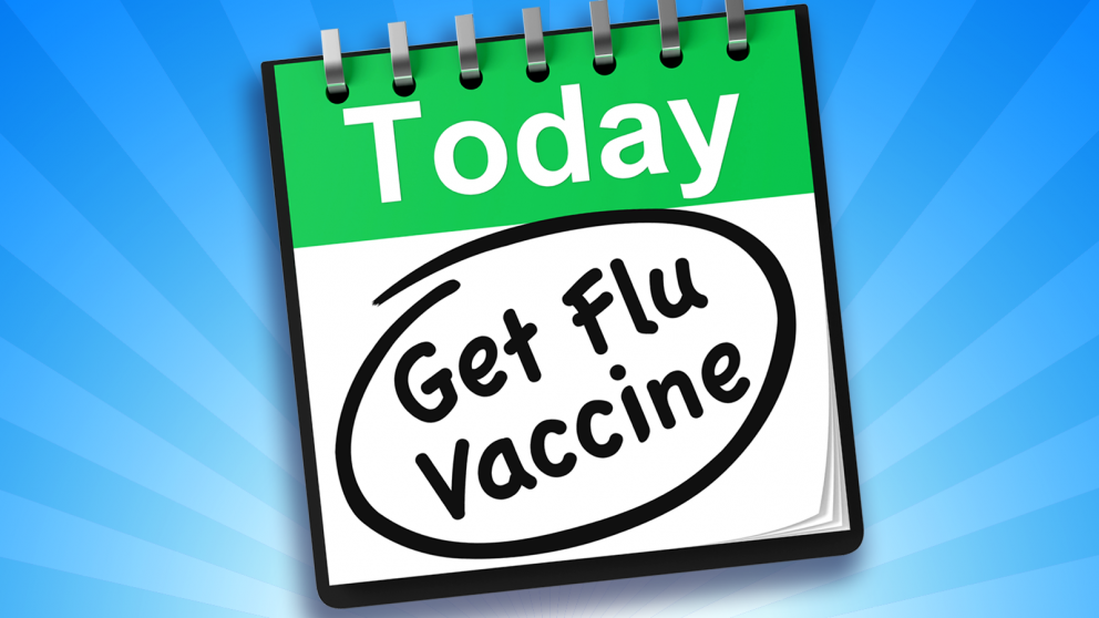 graphic illustration of a day calendar with the words "Today" printed across the top and the words "Get Flu Vaccine" hand written and circled