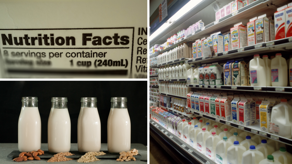 Three picture collage of different types of plant-base milk.