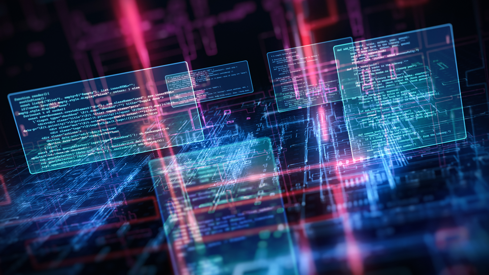 Digital Illustration of circuitry with floating panels containing code