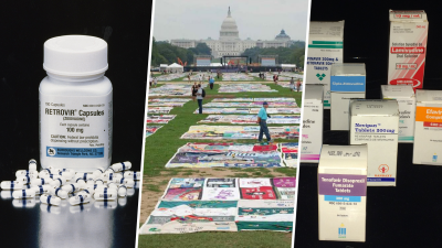 AIDS-Day-FDA-Voices-Collage-1600x900 collage of three photos showing: small white and blue pills surrounding a bottle of the AIDS drug Retrovir (Zidovudine), the AIDS quilt being assembled on the National Mall in 1987, and an assortment of later FDA-approved AIDS treatments in their original boxes