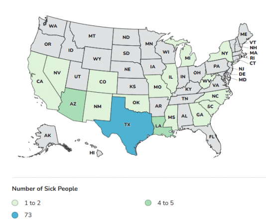 CDC Case Count  Map - Outbreak Investigation of Salmonella Related to Eggs (July 24, 2026)