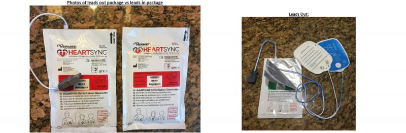 HeartSync Multifunction Disposable Single-Use AED Defibrillator Pads in packaging and after they are removed from packaging. 