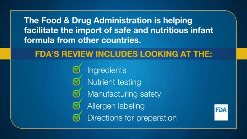 The FDA is helping facilitate the import of safe and nutritious infant formula from other countries. FDA's review includes looking at the ingredients, nutrient testing, manufacturing safety, allergen labeling, and directions for preparation.