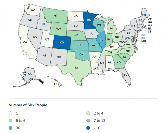 CDC Case Count Map - Outbreak Investigation of Salmonella Related to Jalapeño (August 5, 2026)
