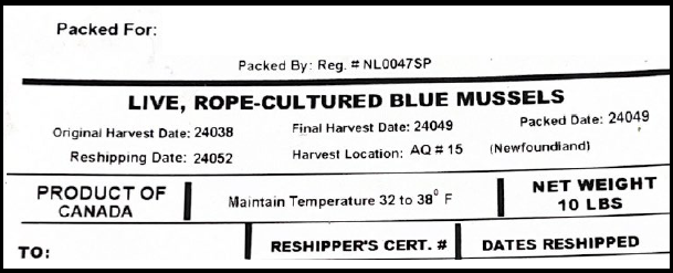 Sample product tag from the alert concerning certain mussels from Newfoundland, Canada due to potential contamination