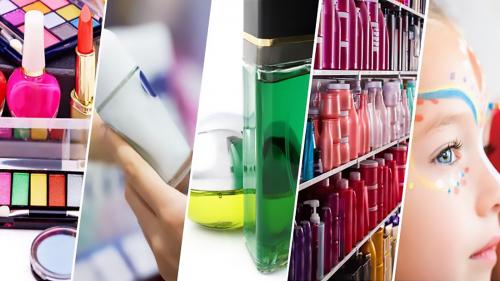 Five panel photo collage. Image one, various types of color cometics. Image two, woman reading label on bottle of skin cream. Image three, bottles of different fragrences. Image four, color store shelves of various cosmetics. Image five, child wearing multi colored face paints.