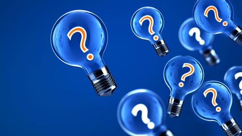 Graphic of several light bulbs with question marks inside floating on a blue background