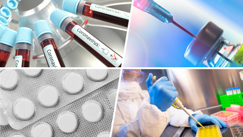 collage of four photos showing: vials of blood labelled coronavirus positive, vaccine or antiviral medication vial with syringe inserted, scientist preparing samples with pipettte in lab wearing full protective clothing, round white medicine tablets in blister pack