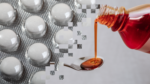 Generic image of pills in blister packaging and liquid medication being dispensed into a spoon