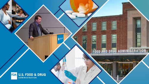 Photo collage image: Upper left image of pregnant woman feeding child. Center image of Dr. Califf. Upper center image of pill bottle with pills spilling out. Lower center image of researcher in lab. Right image of entrance of FDA Headquarters.
