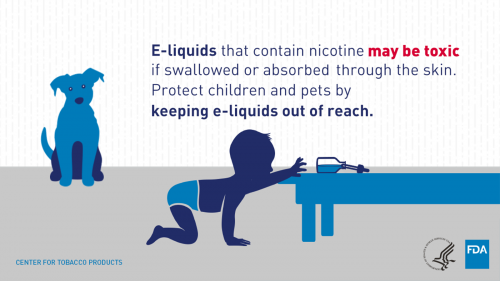 Image of baby and dog with text about how e-liquids may be toxic if swallowed or absorbed through the skin and to protect children and pets by keeping e-liquids out of reach.