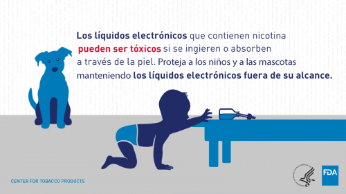 Los líquidos electrónicos que contienen nicotina pueden ser tóxicos si se ingieren o absorben a través de la piel.  Proteja a los niños y a las mascotas manteniendo los líquidos electrónicos fuera de su alcance.