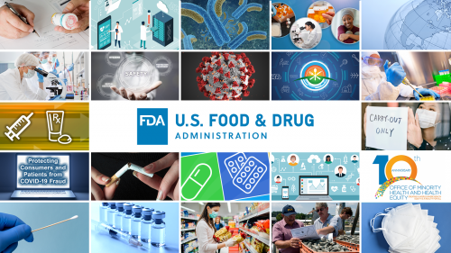 FDA logo surrounded by images representing FDA's main regulated product categories and scientific research