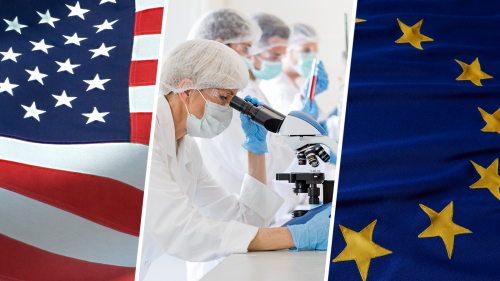 Composite image of U.S. flag, researchers, and European Union flag