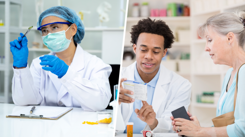 Two image collage that depicts a Laboratory Technician examining a pill, and a Pharmacist explaining medication to a patient.