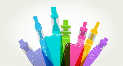 Colourful overlapping silhouettes of e-cigarettes or vapers