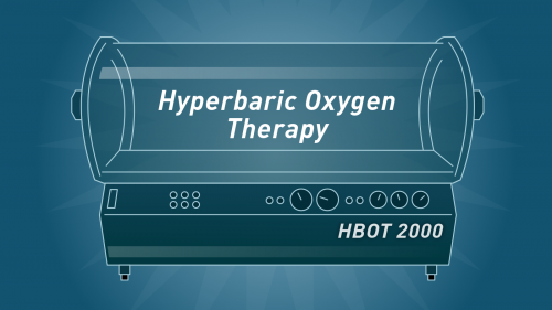 Illustration of a large cylindrical chamber with various knobs and dials and the labels "Hyperbaric Oxygen Therapy" and "HBOT 2000" on it.
