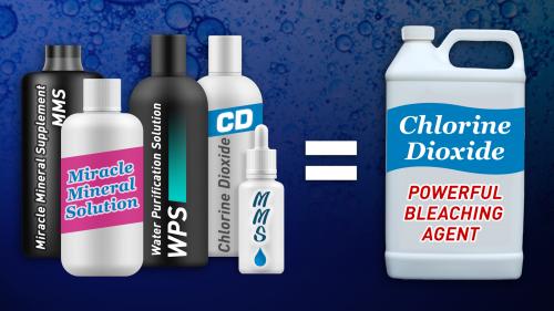 Five plastic bottles labeled with "Miracle Mineral Solution" and similar product names followed by an equal sign and a bottle labeled "Chlorine Dioxide - Powerful Bleaching Agent"