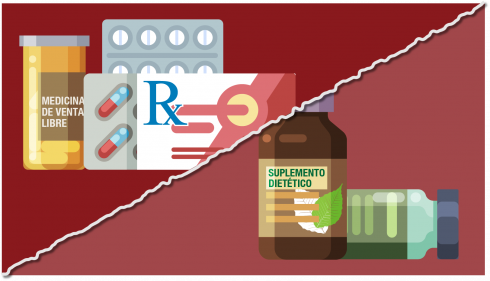 Illlustration graphic: Upper left - various prescription medication, pills, and tablets. Lower right - dietary supplements