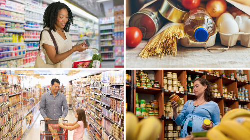 Un colaj de imagini care înfățișează diverse persoane într-un magazin alimentar, citind etichetele produselor alimentare.