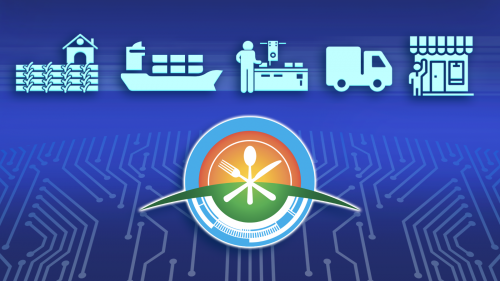 computer circuitry background image with icons in the foreground representing food production, processing, distribution and consumption: barn and crops, ship with containers, person operating food processing equipment, truck, grocery store, cutlery 