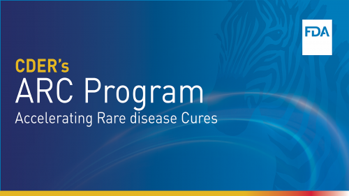 Image with blue abstract background with text aligned to the left that reads, "CDER's ARC Program: Accelerating Rare disease Cures."