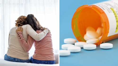 Two photos - Left photo of 2 woman in a supportive embrace. Right photo of prescription drug bottle tipped over on table, spilling pills on tabletop.