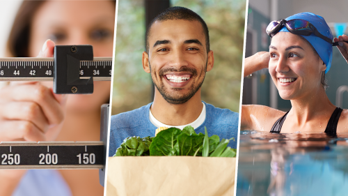 a collage of three photos emphasizing the importance of a balanced diet and exercise as a safe and effective way to lose weight, showing a closeup of a woman adjusting a medical scale, a smiling young man holding a grocery bag with leafy green vegetables showing and a smiling young woman adjusting her goggles strap preparing to swim laps in a pool 