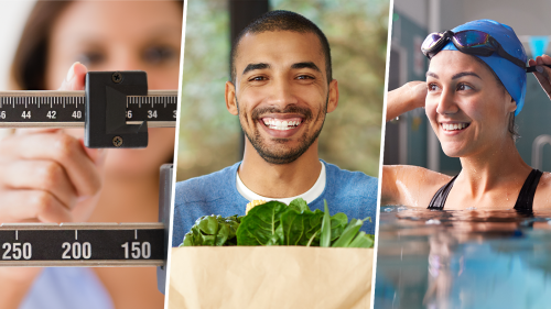 een collage van drie foto's die het belang benadrukken van een uitgebalanceerd dieet en lichaamsbeweging als een veilige en effectieve manier om gewicht te verliezen, met een close-up van een vrouw die een medische weegschaal bijstelt, een lachende jongeman die een boodschappentas met groene bladgroenten vasthoudt en een lachende jonge vrouw die haar zwembril verstelt ter voorbereiding op het baantjes trekken in een zwembad