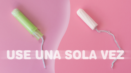Two tampons, one shown within an applicator on the left and the other without an applicator on the right, followed by the words SINGLE USE