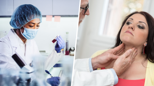 Image depicting a woman on the left working in a science lab, and a woman on the right having her thyroid examined.