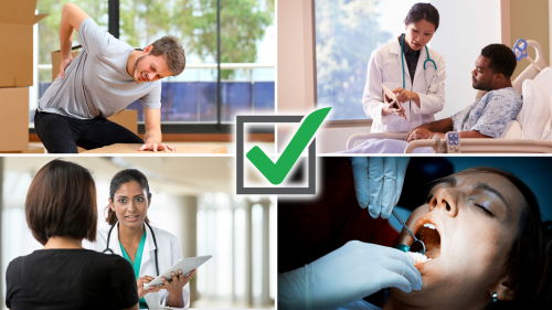 Four image collage depicting one person experiencing back pain, two people speaking with their doctors and a person receiving dental services.